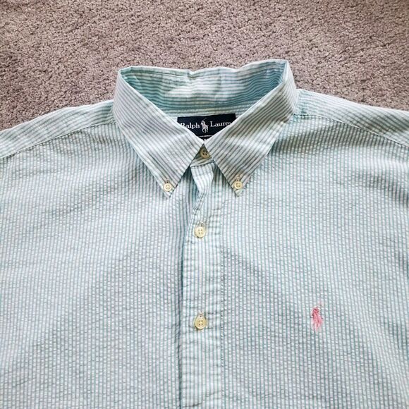 Ralph Lauren Shirt Mens Extra Large Blue Button Up short Sleeve Seersucker - Picture 1 of 9